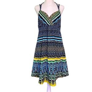 Athleta Marbella V-Neck Halter Midi Dress Aztec Blue/Green/Yellow (Size M)